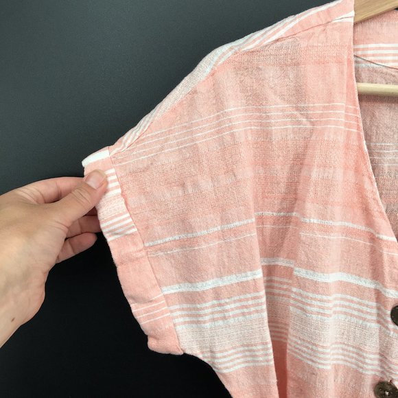 Carve Designs linen v-neck button front short sleeved shirt dress pink stripe S - Picture 3 of 10